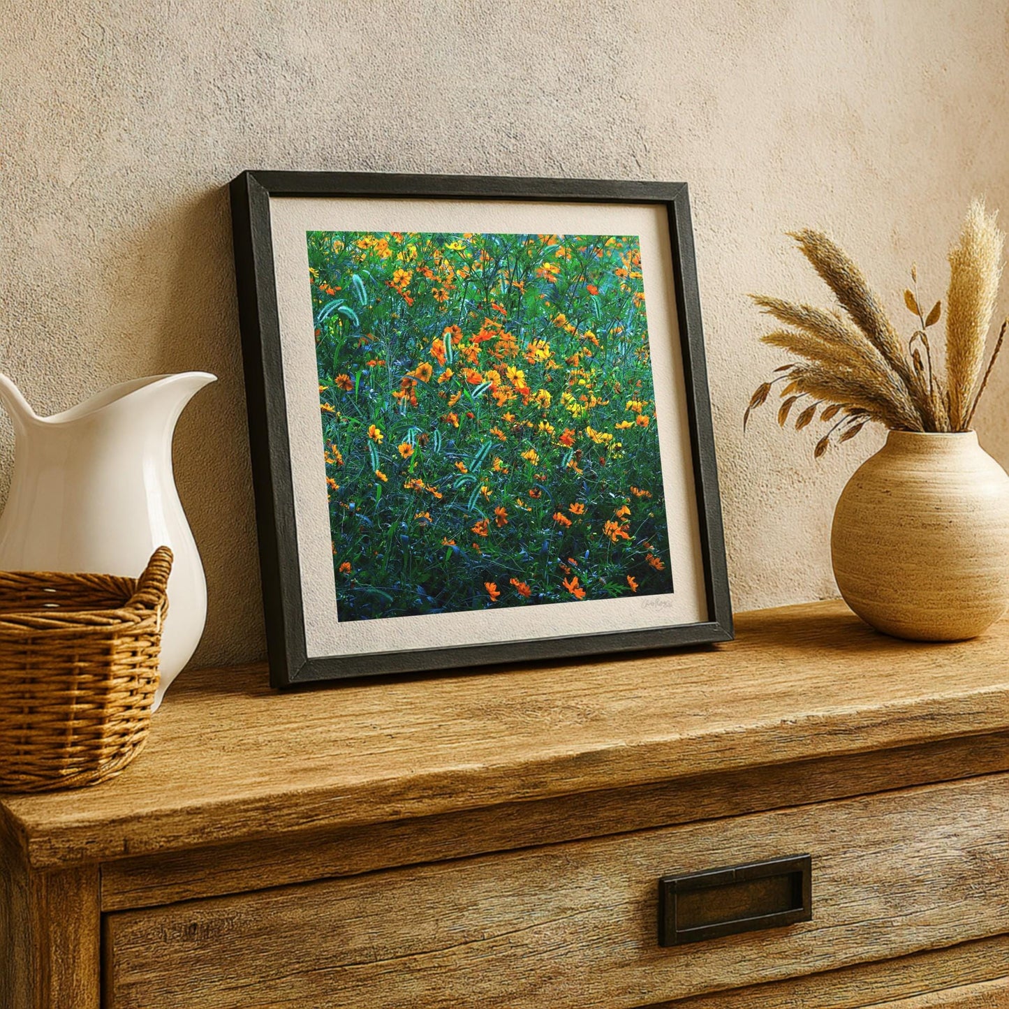Orange and Green Cosmos Flower Print